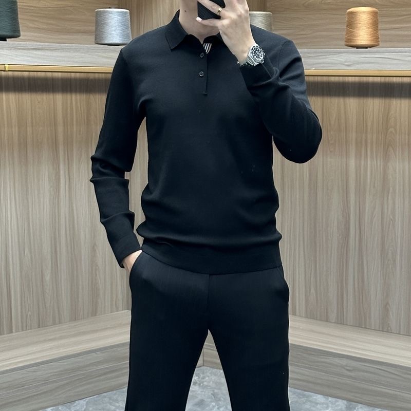 秋冬款男士轻奢长袖针织衫毛衣时尚商务休闲舒适百搭修身翻领polo