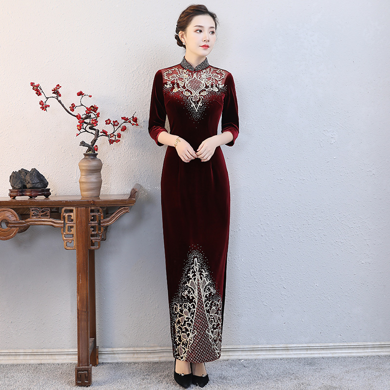 水灵子金丝绒旗袍长款高端奢华喜婆婆婚宴装敬酒服复古中式妈妈装