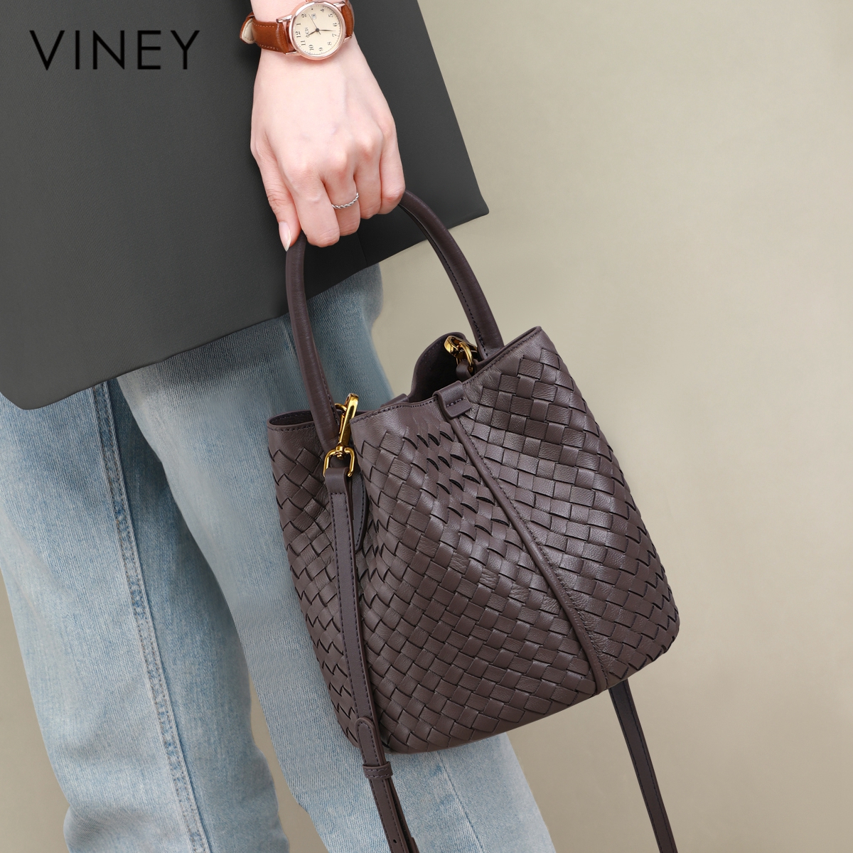 Viney水桶包包女2025新款真皮编织包手提包生日新年礼物送女生