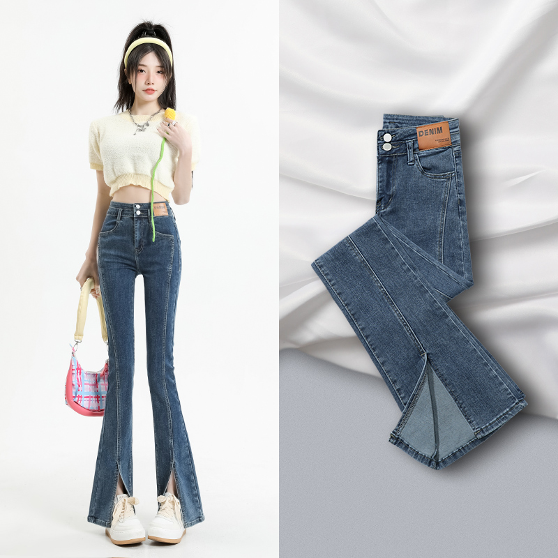 ruiliya/芮丽娅开叉微喇牛仔裤女春秋小个子高腰显瘦修身微喇叭裤