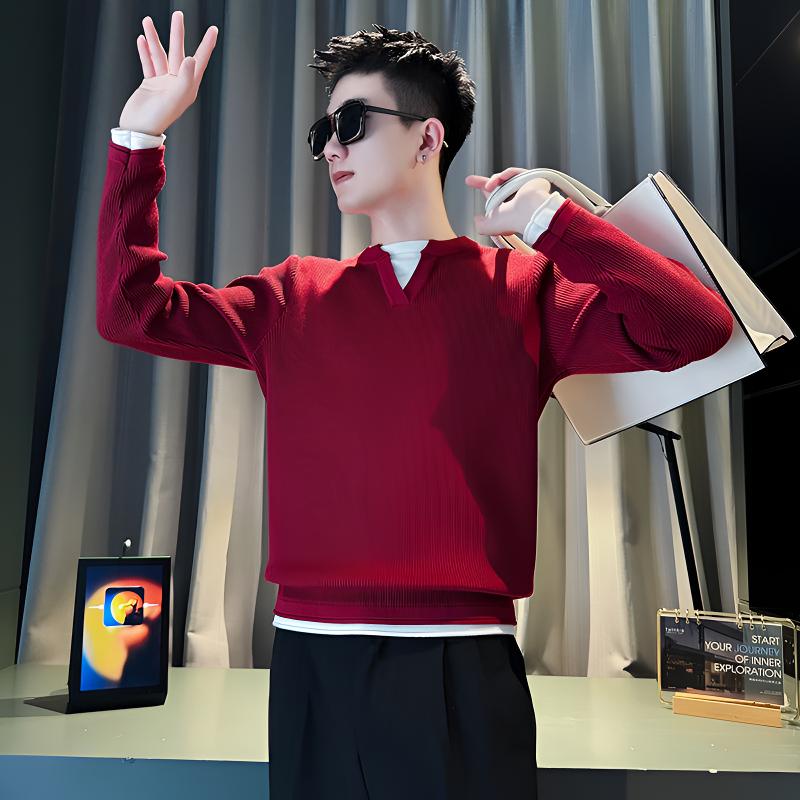 假两件毛衣男款冬季2025新款爆款潮牌拼色V领百搭长袖打底针织衫