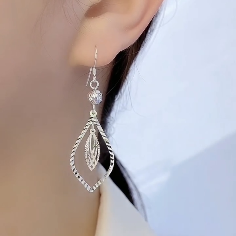 足银耳饰 纯银水滴耳环时尚气质车花球球叶子耳坠中长款显瘦耳饰