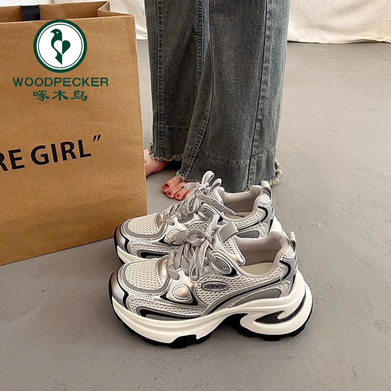 啄木鸟百搭厚底老爹鞋春秋显脚小增高2025新款炸街银色运动休闲鞋