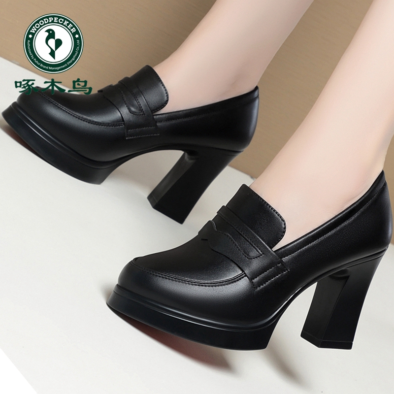 啄木鸟春秋新款软皮高跟旗袍鞋防水台厚底百搭粗跟深口黑色单鞋女