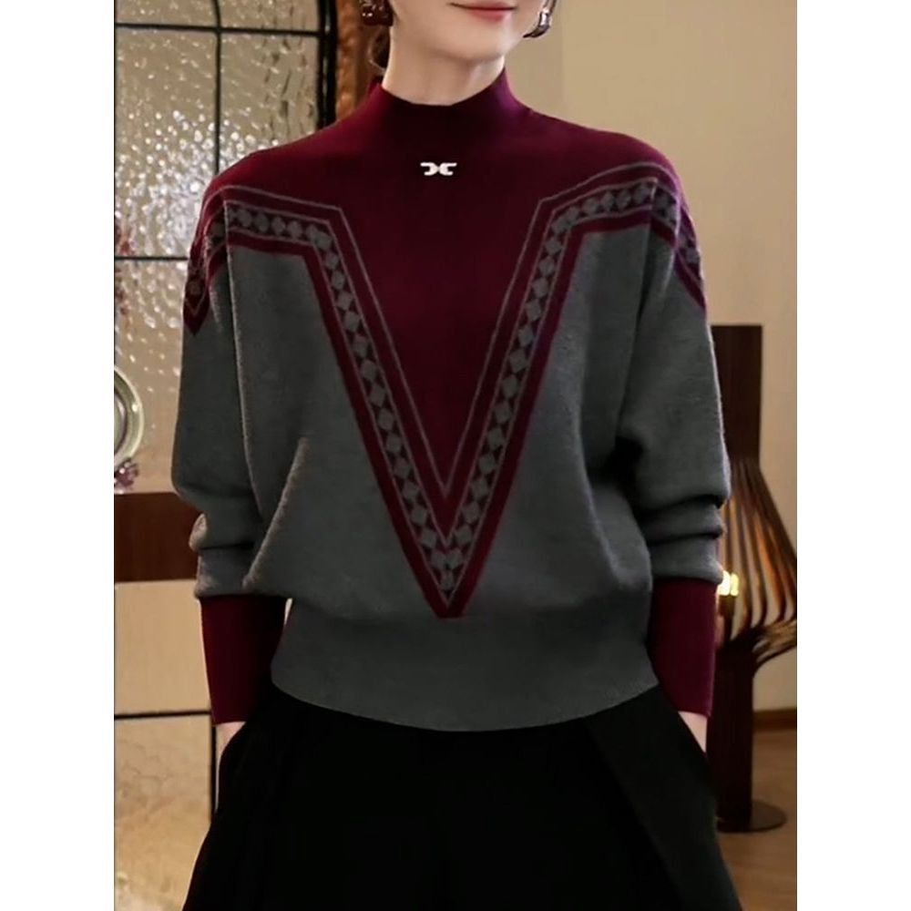 韩版名媛撞色拼接保暖半高领针织衫2026春冬新款气质减龄通勤毛衣