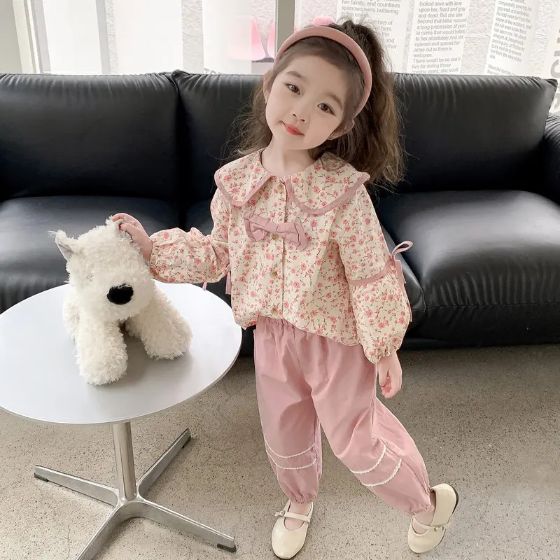 女小童碎花蝴蝶结套装2025春秋新款女孩甜美时尚衬衣休闲裤两件套