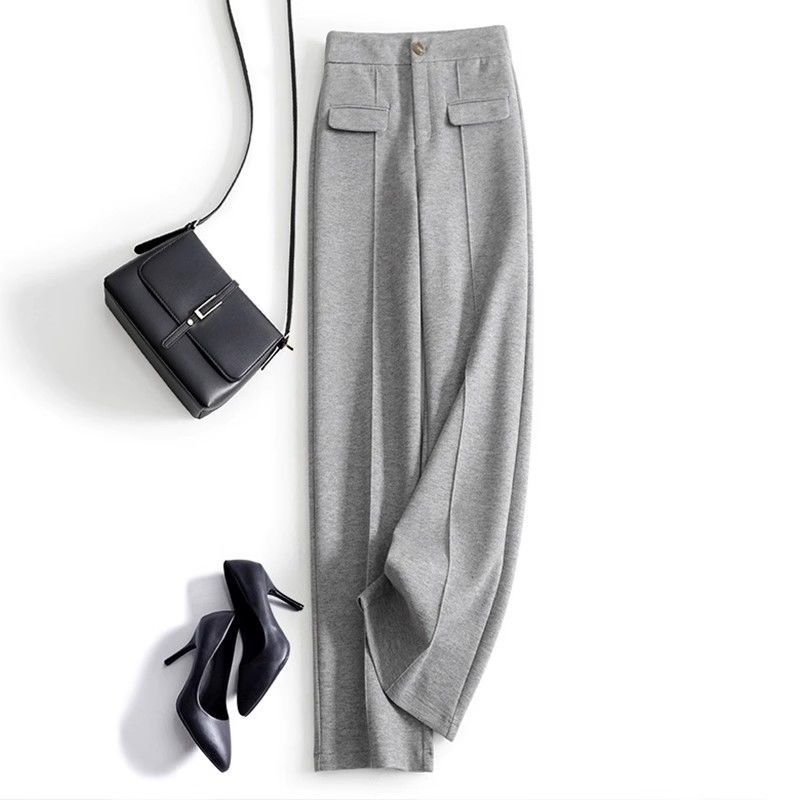 灰色垂感窄版羊毛阔腿裤女春秋2024年新款软糯风长裤子休闲直筒裤