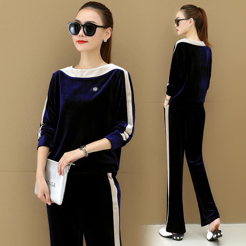 金丝绒运动套装女春秋季2025新款圆领气质显瘦休闲两件套长袖卫衣