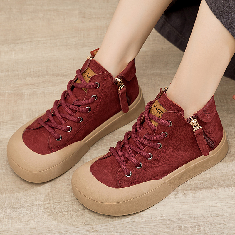 嫔妃丽人头层牛皮纯色新款平底简约民族风时尚百软底中老年女单鞋