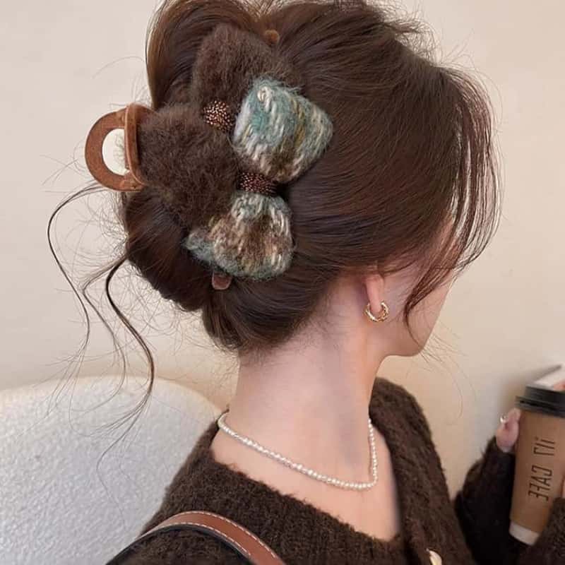 复古毛绒蝴蝶结抓夹大号女AB面发夹2024新款高级感鲨鱼夹夹子发饰