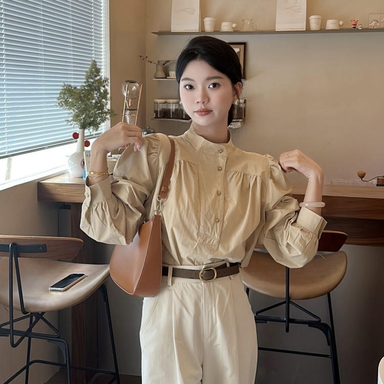 高级感立领卡其衬衫女秋季设计感小众宽松别致褶皱长袖上衣