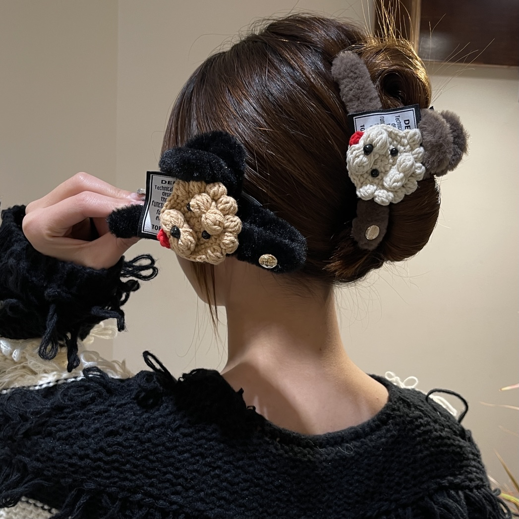 可爱咖啡狗～秋冬美拉德毛毛抓夹贴补大号鲨鱼夹气质后脑勺抓夹