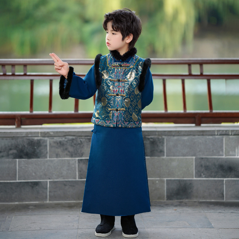 男童拜年汉服套装2024秋冬新款古装加厚男孩儿童中国风唐装拜年服