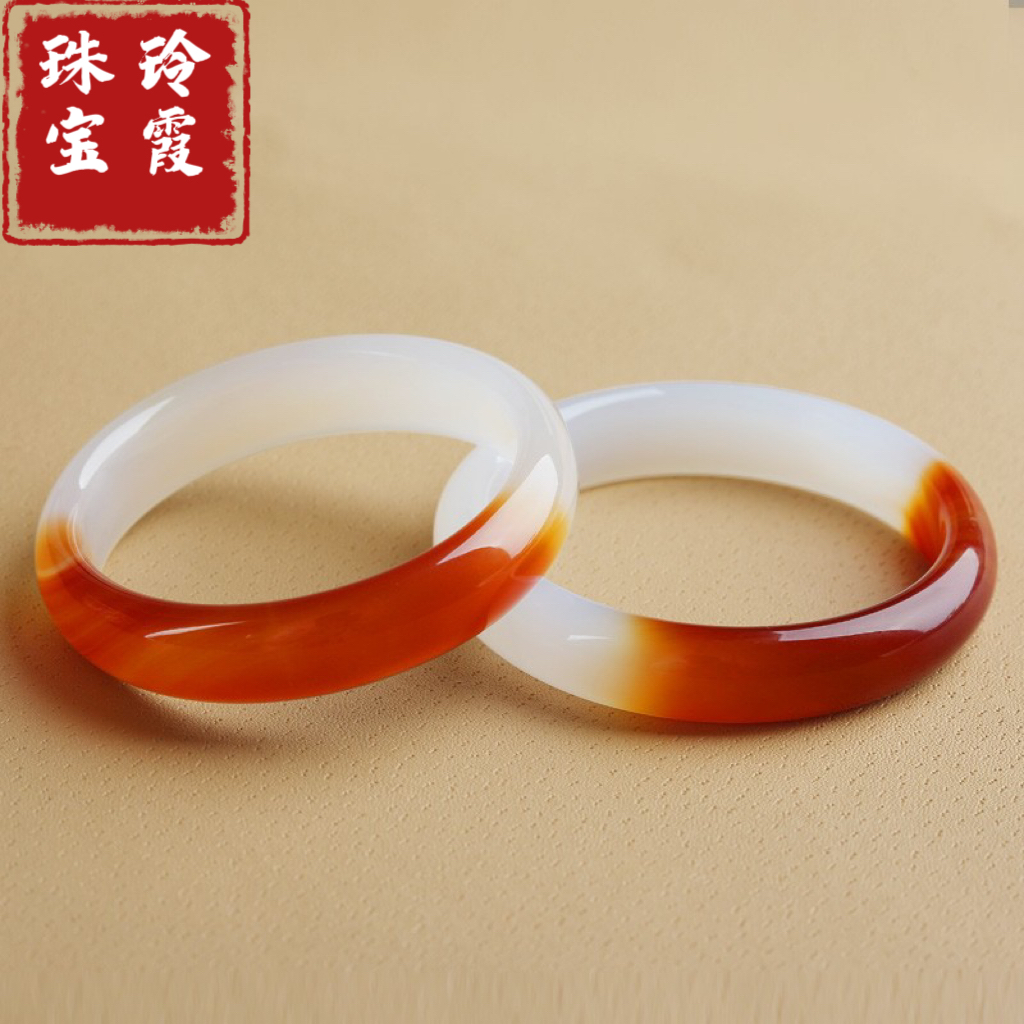 天然半壁江山红白玛瑙手镯玉髓镯子中宽条珠宝首饰玉文化收藏品