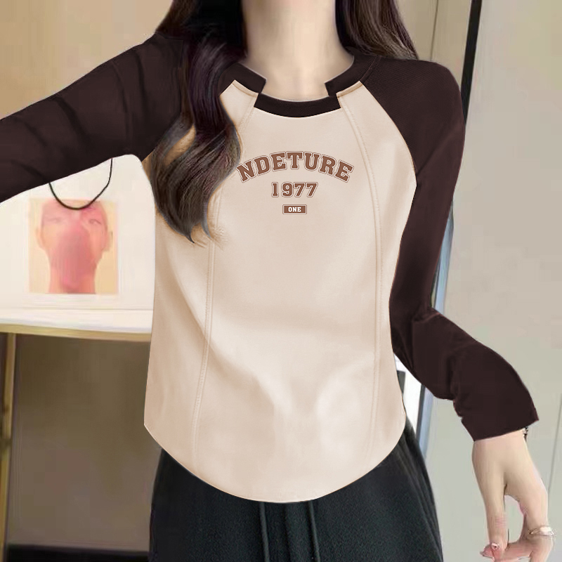 大码胖mm正肩拼接撞色插肩袖T恤女秋季显瘦圆弧下摆洋气减龄上衣