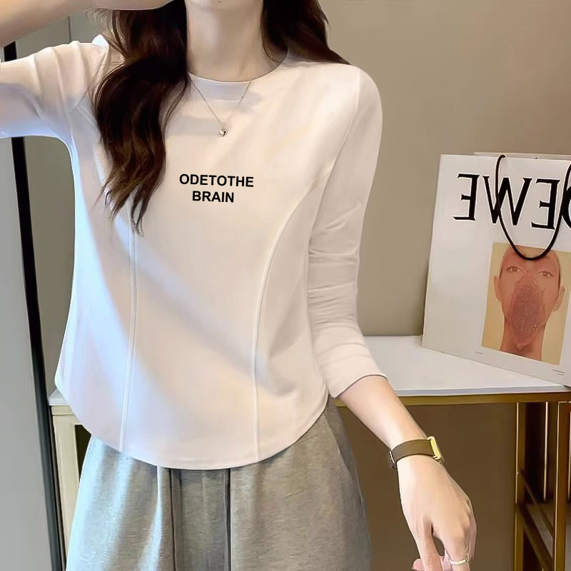 春秋款纯欲风辣妹修身显瘦长袖T恤女设计感鱼骨纹圆领打底衫内搭