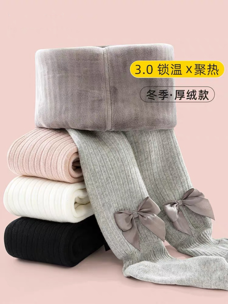 儿童连裤袜婴儿打底裤女童裤袜加绒加厚精梳棉袜子秋冬蝴蝶结宝宝
