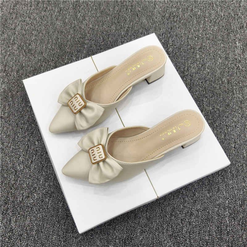 包头半拖鞋女2025春秋新款外穿尖头粗跟时尚凉拖鞋低跟穆勒半托鞋