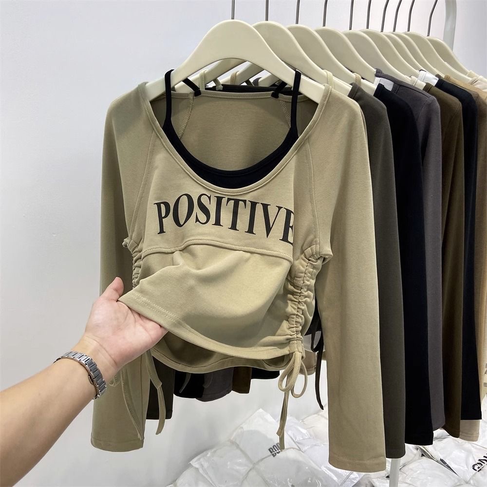 秋季女童假两件长袖T恤中大童新款美式字母印花抽绳打底衫百搭潮