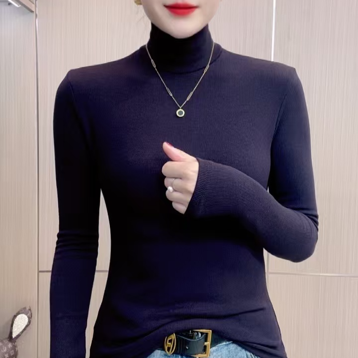 2024新款时尚气质纯色高领长袖打底衫T恤女简约百搭显瘦修身上衣