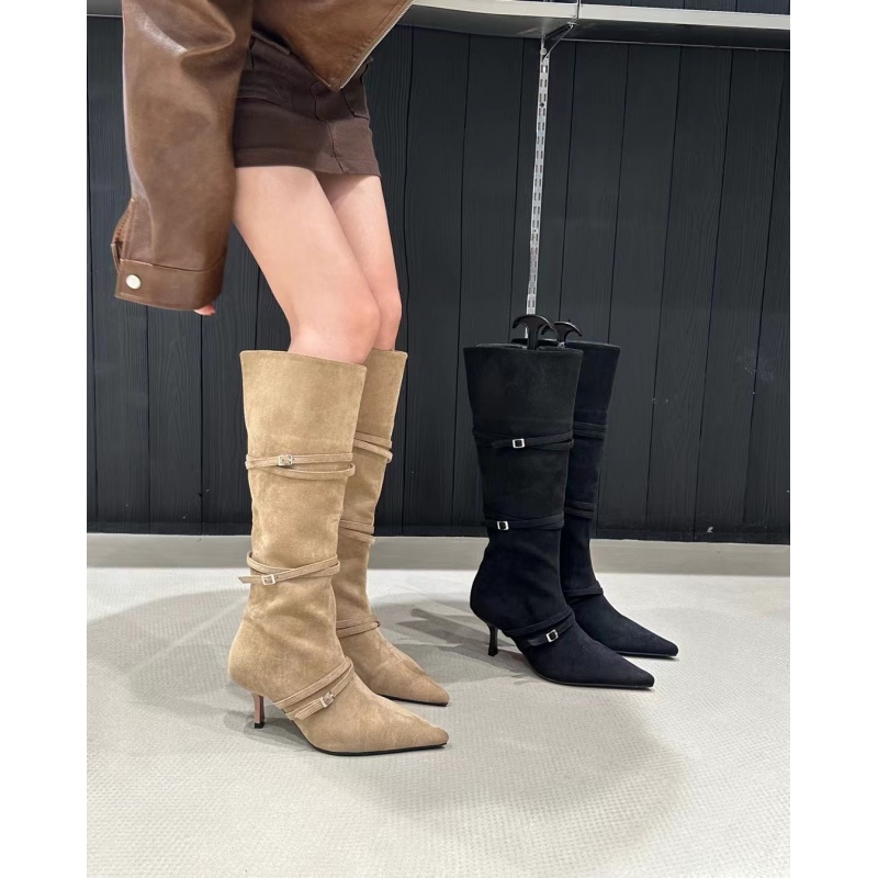 2025秋冬新品~欧美风高跟骑士尖头长筒绒面一字皮带扣软面长靴女