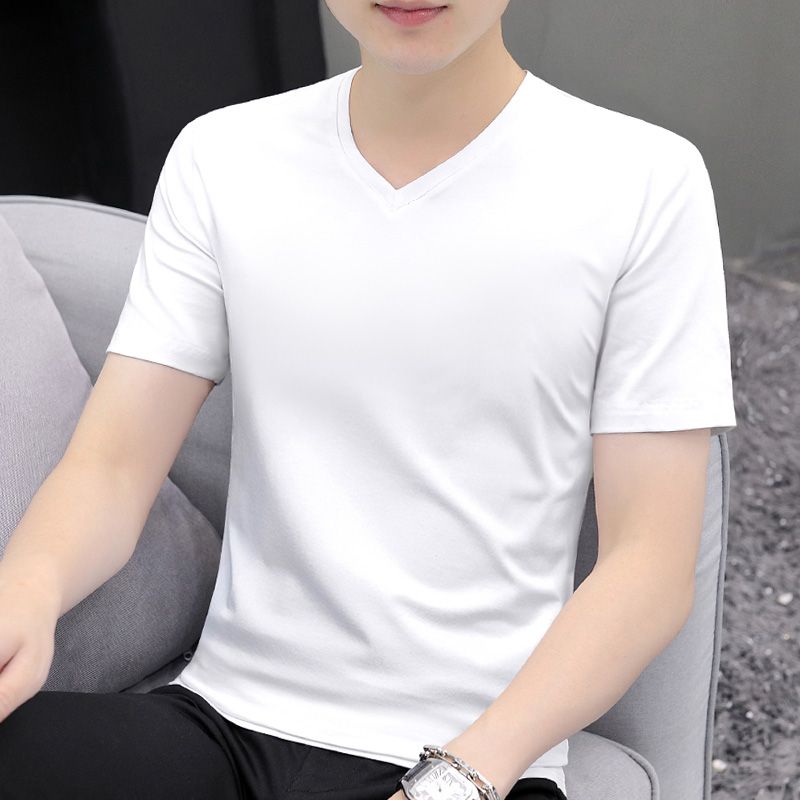 高档纯棉短袖T恤男装V领纯色白色夏季冰丝冰感休闲简约半袖体恤男
