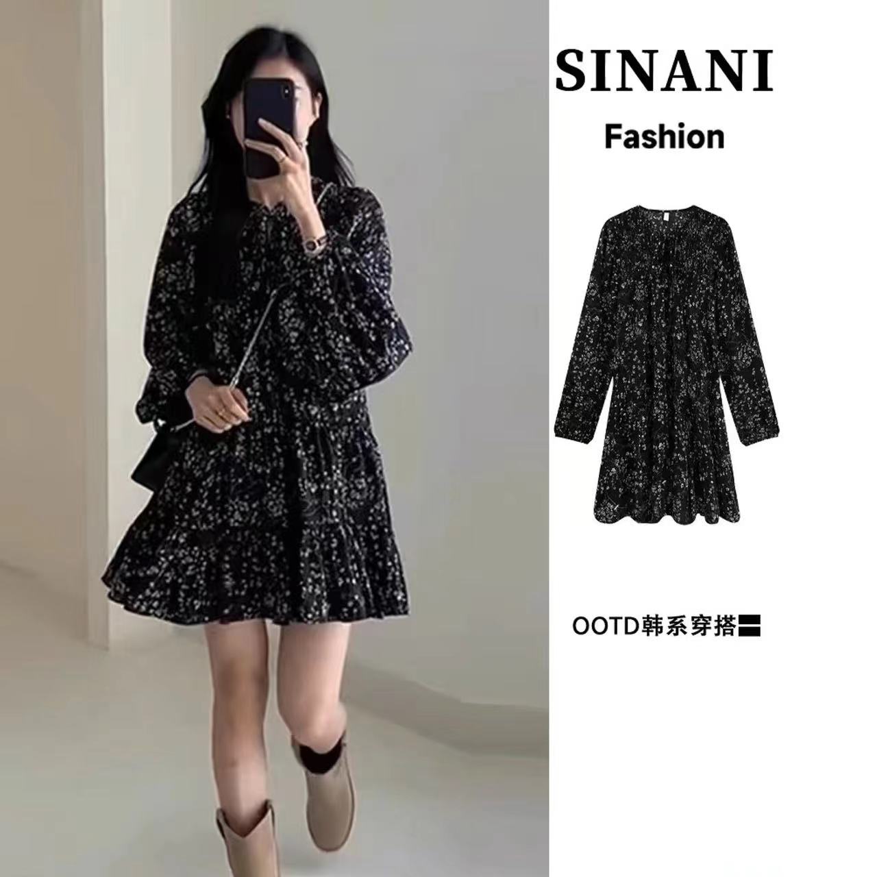 早春新款茶歇法式黑色长袖碎花连衣裙子女小个子短裙宽松连衣裙