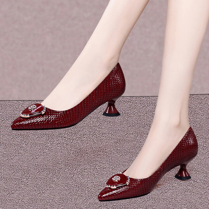 2025春秋新款尖头中跟单鞋女浅口时尚小粗跟水钻气质蛇纹高端女鞋