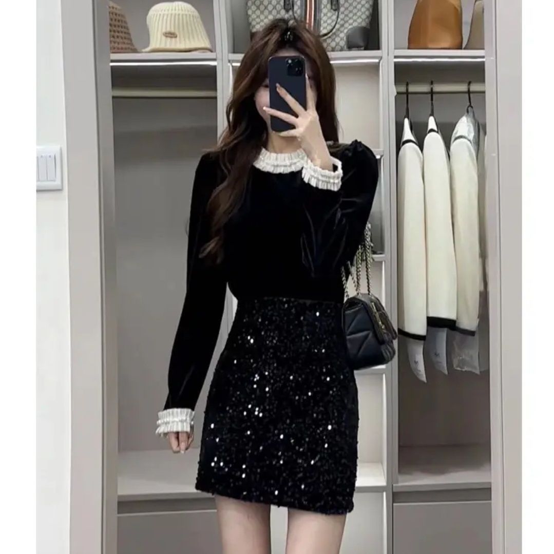 2025年女秋季新款黑色拼接长袖高级感气质女上衣显瘦半身裙两件套