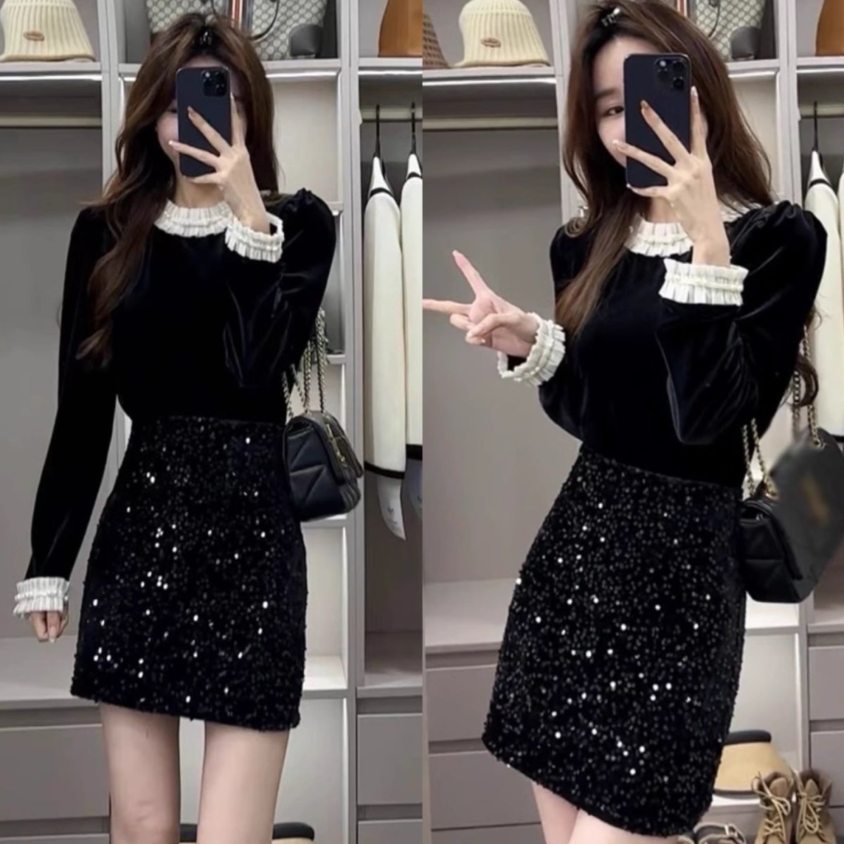 【浅浅专属】2025新款黑色拼接长袖衬衫高腰亮片半身裙两件套女春秋