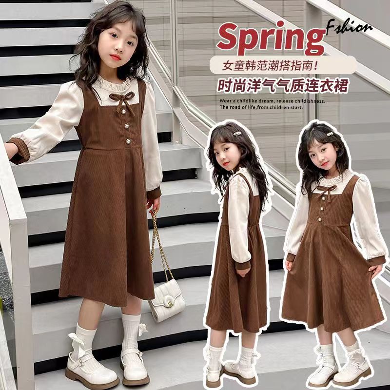 女童假两件连衣裙2025春秋季学院风灯芯绒公主裙中大童长袖裙子