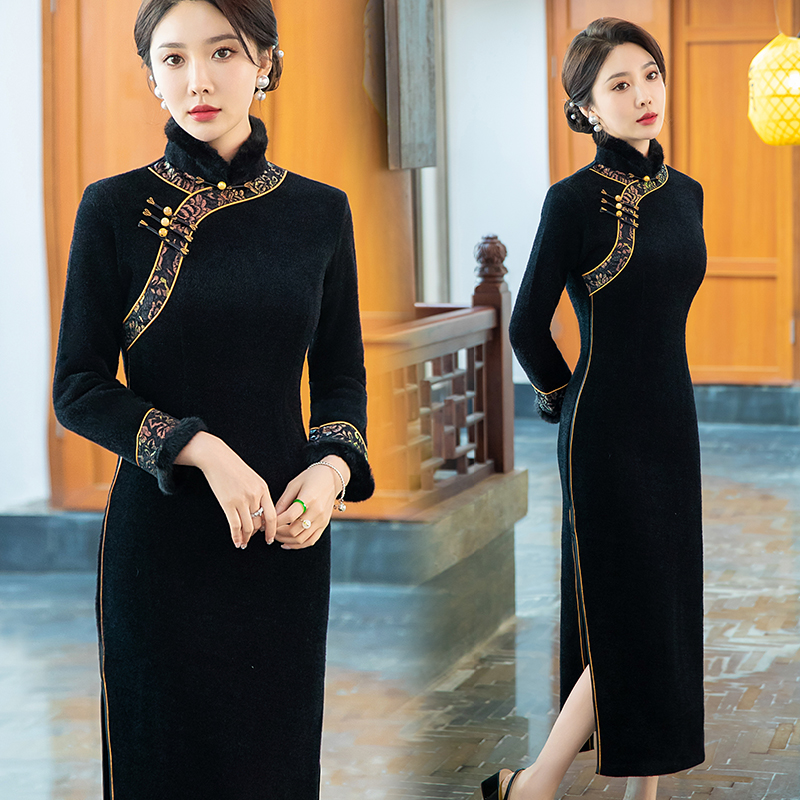 过年妈妈装中国风旗袍显瘦加厚秋冬复古宴会装礼服黑色旗袍连衣裙