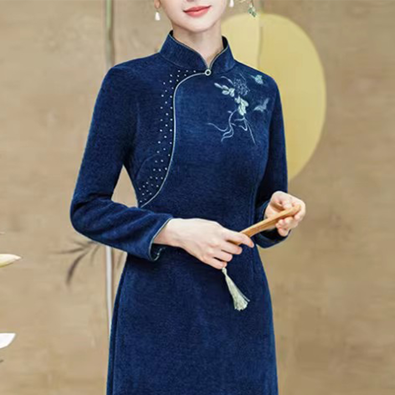 2024新款高端修身加厚新中式中国风日常长袖妈妈连衣裙秋冬