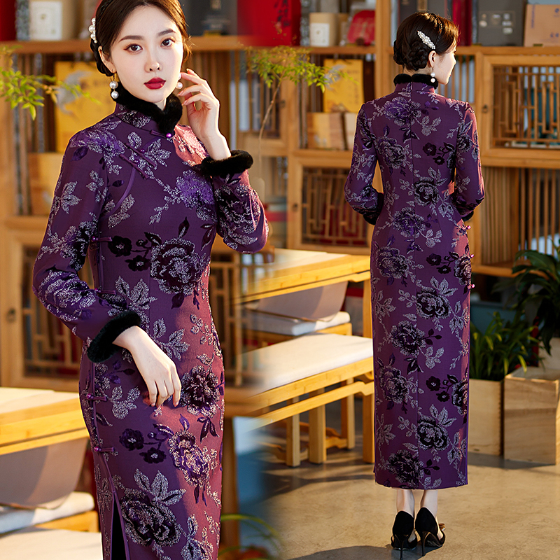 宴会装冬款旗袍裙加绒加厚长袖毛领连衣裙刺绣复古紫色旗袍礼服裙