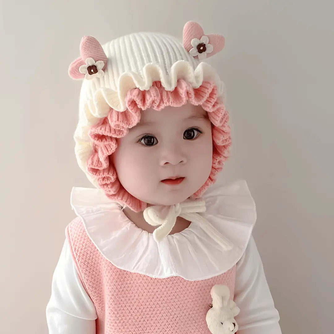 女宝宝帽子秋冬毛线帽婴儿冬天加厚保暖公主女童花边护耳帽婴幼儿