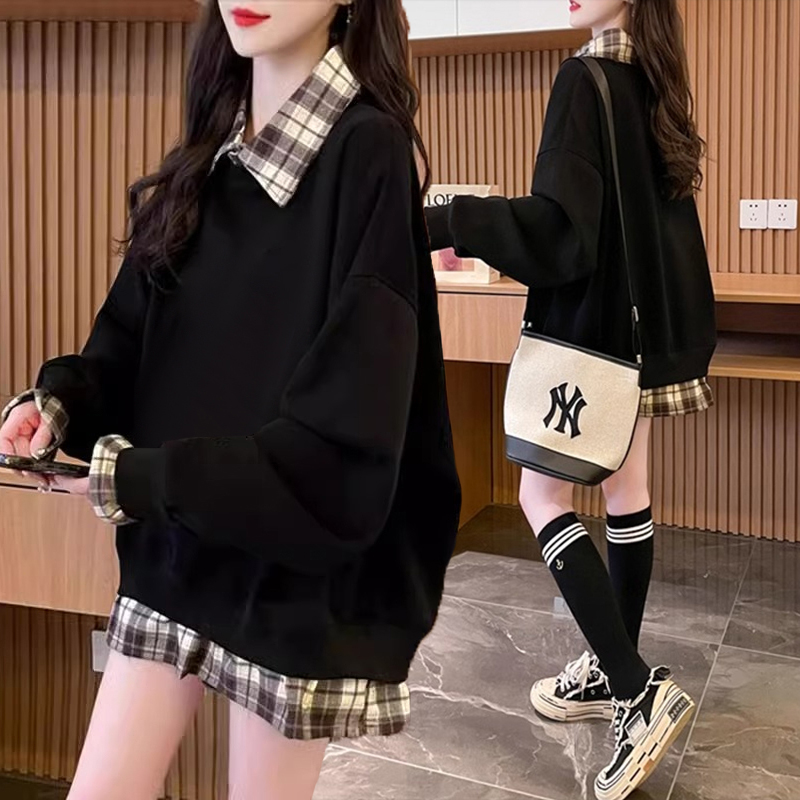 大码女装假两件薄款洋气卫衣女春秋新款韩版宽松百搭格子拼接上衣