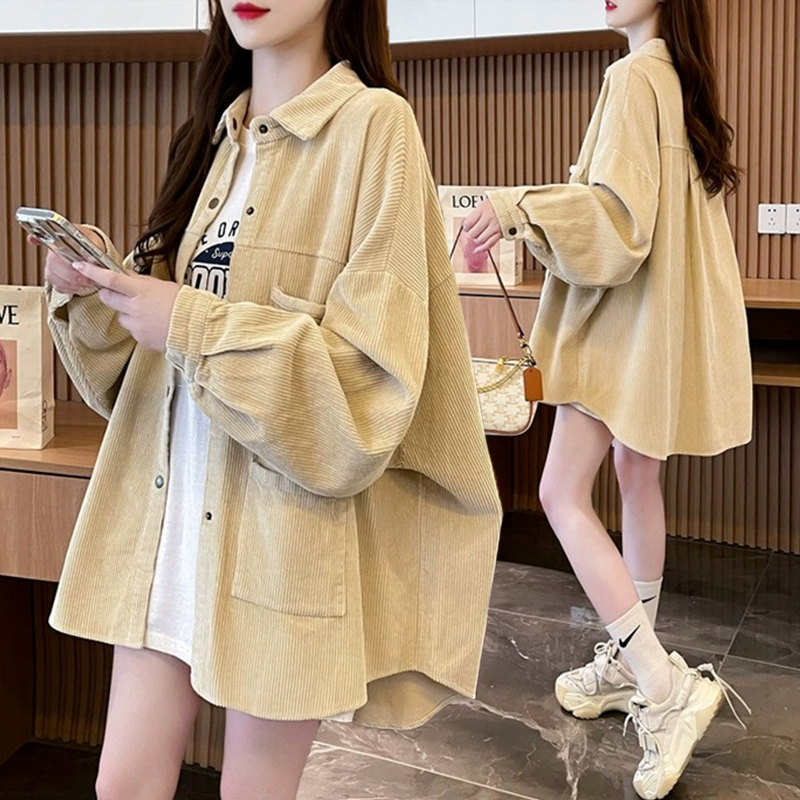 大码胖mm灯芯绒薄款衬衫女春秋新款韩版宽松百搭洋气长袖外穿衬衣