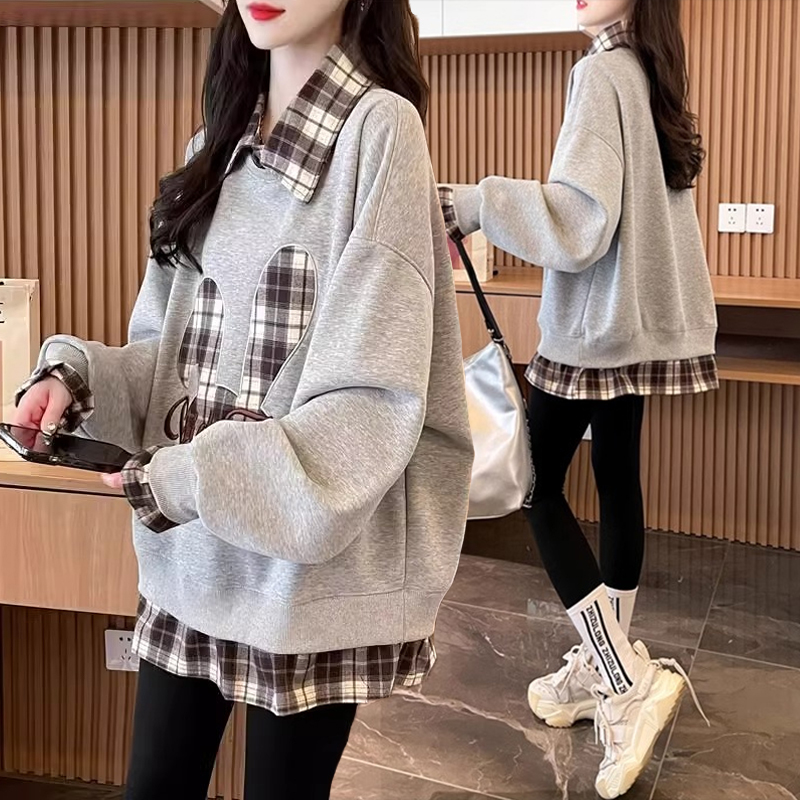 格子拼接假两件加绒卫衣女秋冬季新款韩版宽松百搭设计感洋气上衣