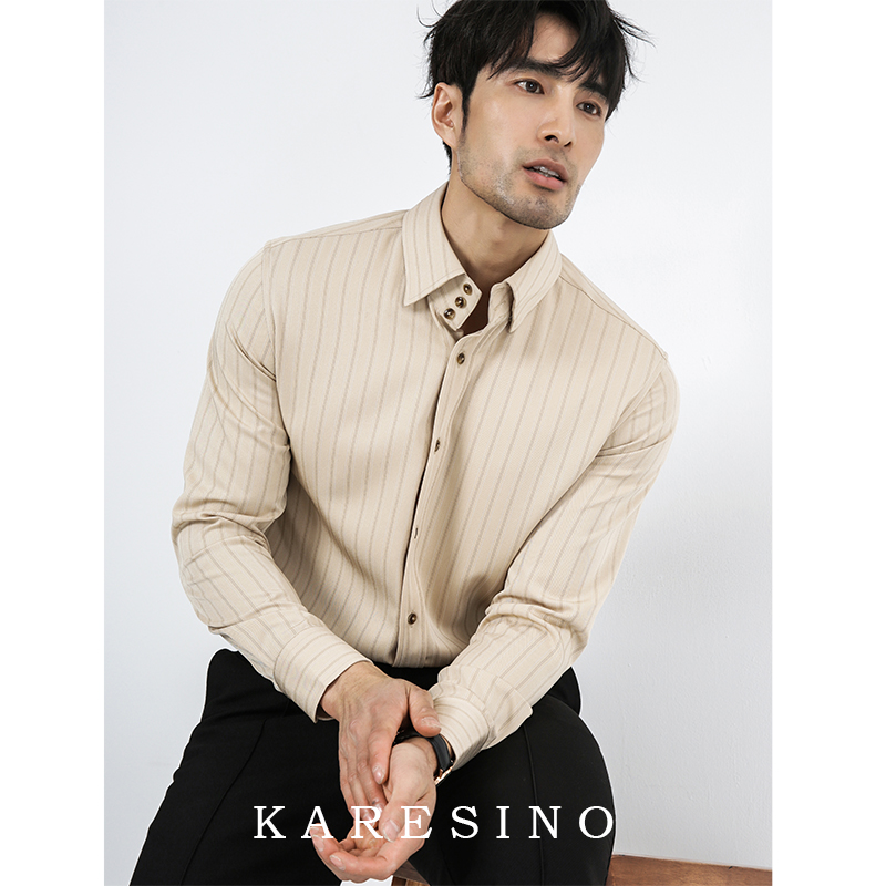 KARESINO韩版高级感条纹衬衫男正装商务寸衫复古免烫休闲长袖秋季