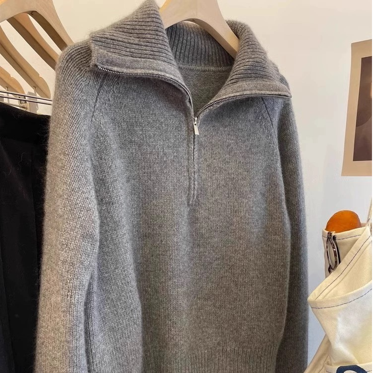 韩系翻领插肩袖100%纯羊毛衫女加厚半拉链宽松毛衣时尚针织衫上衣