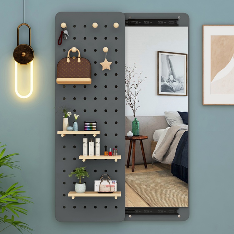 网红卧室全身穿衣镜壁挂新爆款免打孔客厅试衣洞洞板推拉镜子木质