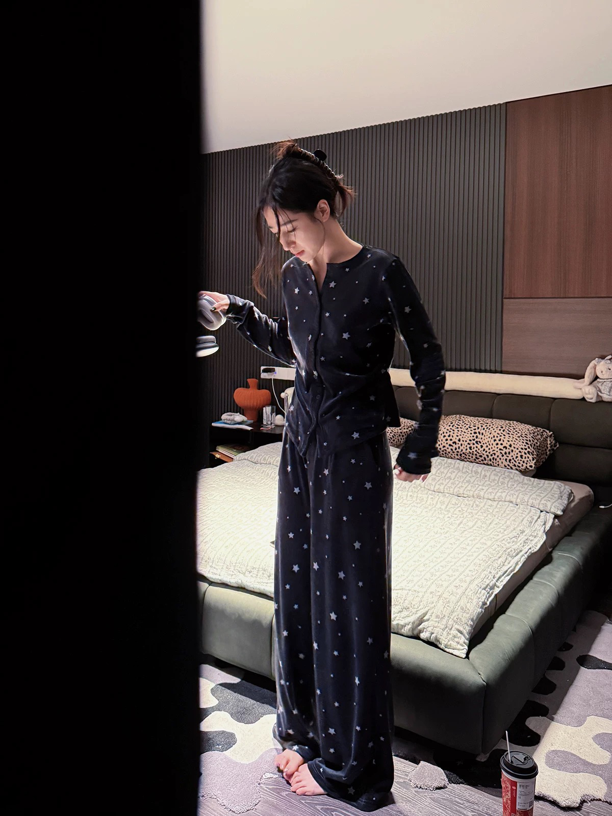 Double oo秋冬海岛绒家居服睡衣女可外穿星星印花V领加绒加厚套装