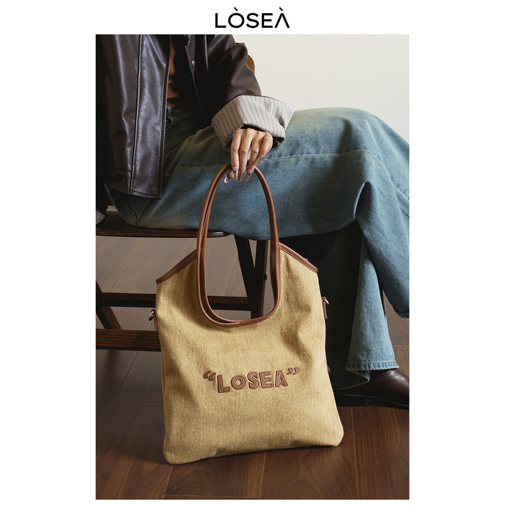 LOSEA原创《早八人》定染棕色牛仔托特包女2024新款大容量单肩包