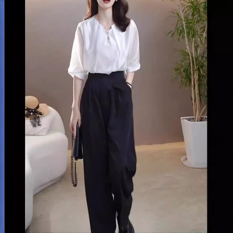 高能感时尚气质潮流夏季新款时尚褶皱纯色衬衫高腰直筒长裤女装