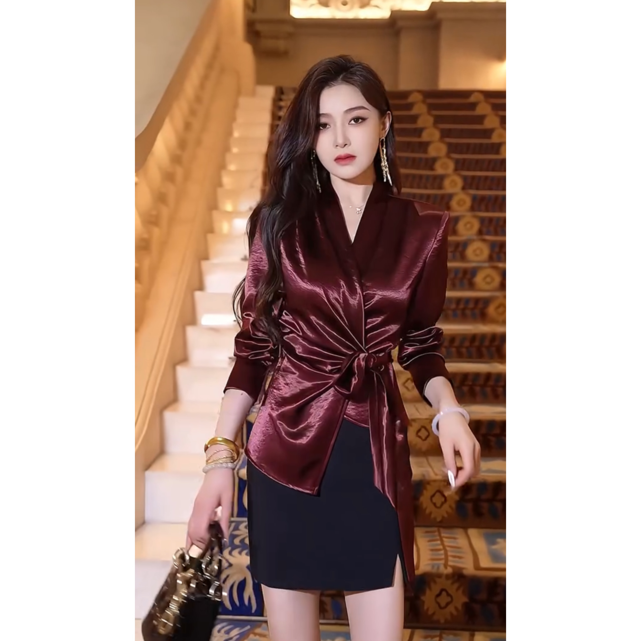 新款知性时尚气质V领长袖衬衫收腰不规则系带显瘦轻奢设计两件套