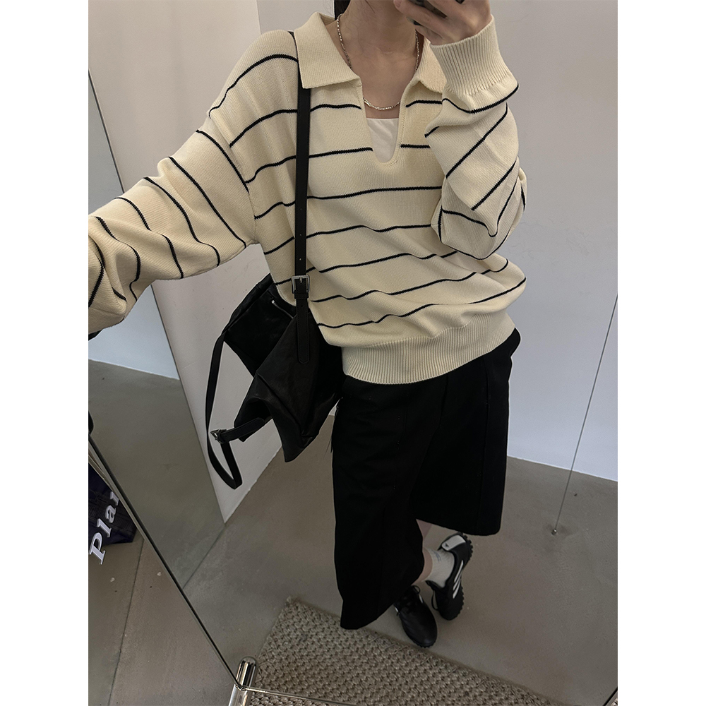 法式复古高级感Polo领针织衫女春秋撞色条纹宽松显瘦V领套头上衣