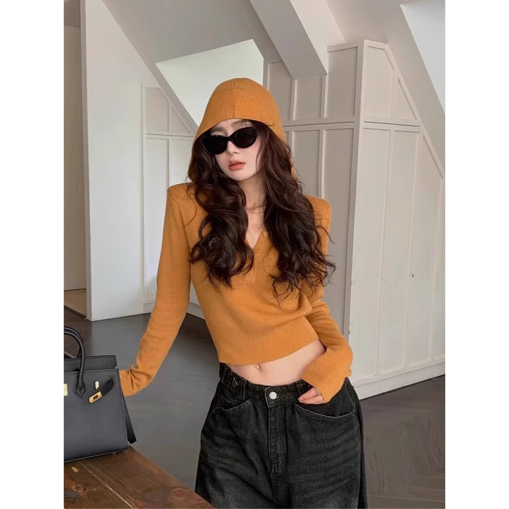 美式辣妹橘色连帽针织衫女秋季设计感修身收腰长袖毛衣内搭短上衣