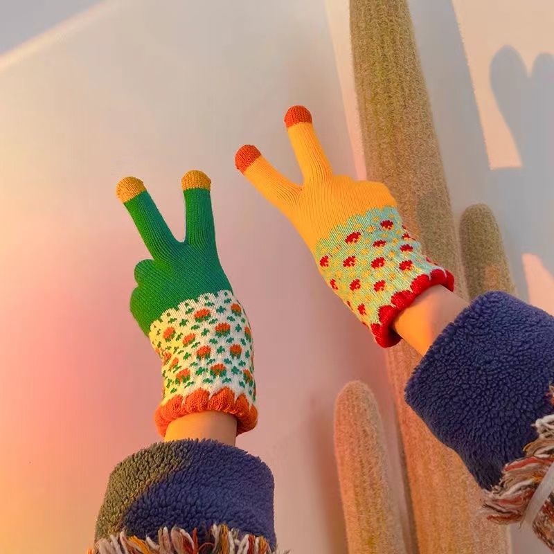 韩版触屏手套女士冬季加厚保暖针织学生ins 风复古可爱骑行情侣男