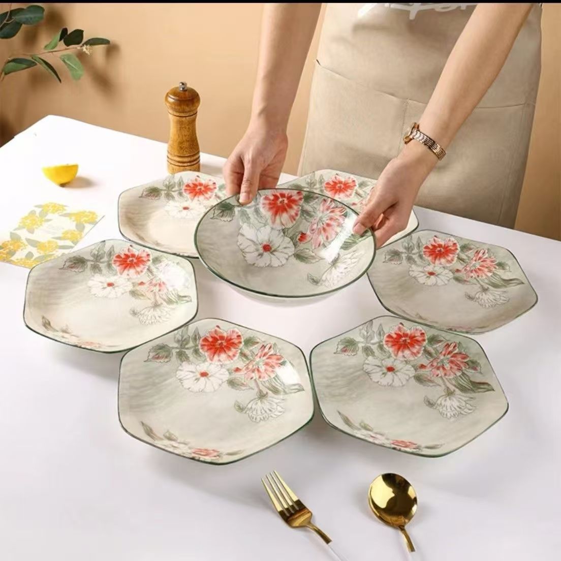【6+1】6角盘高颜值花开富贵陶瓷餐具汤碗套餐蔷薇花语下单送汤碗
