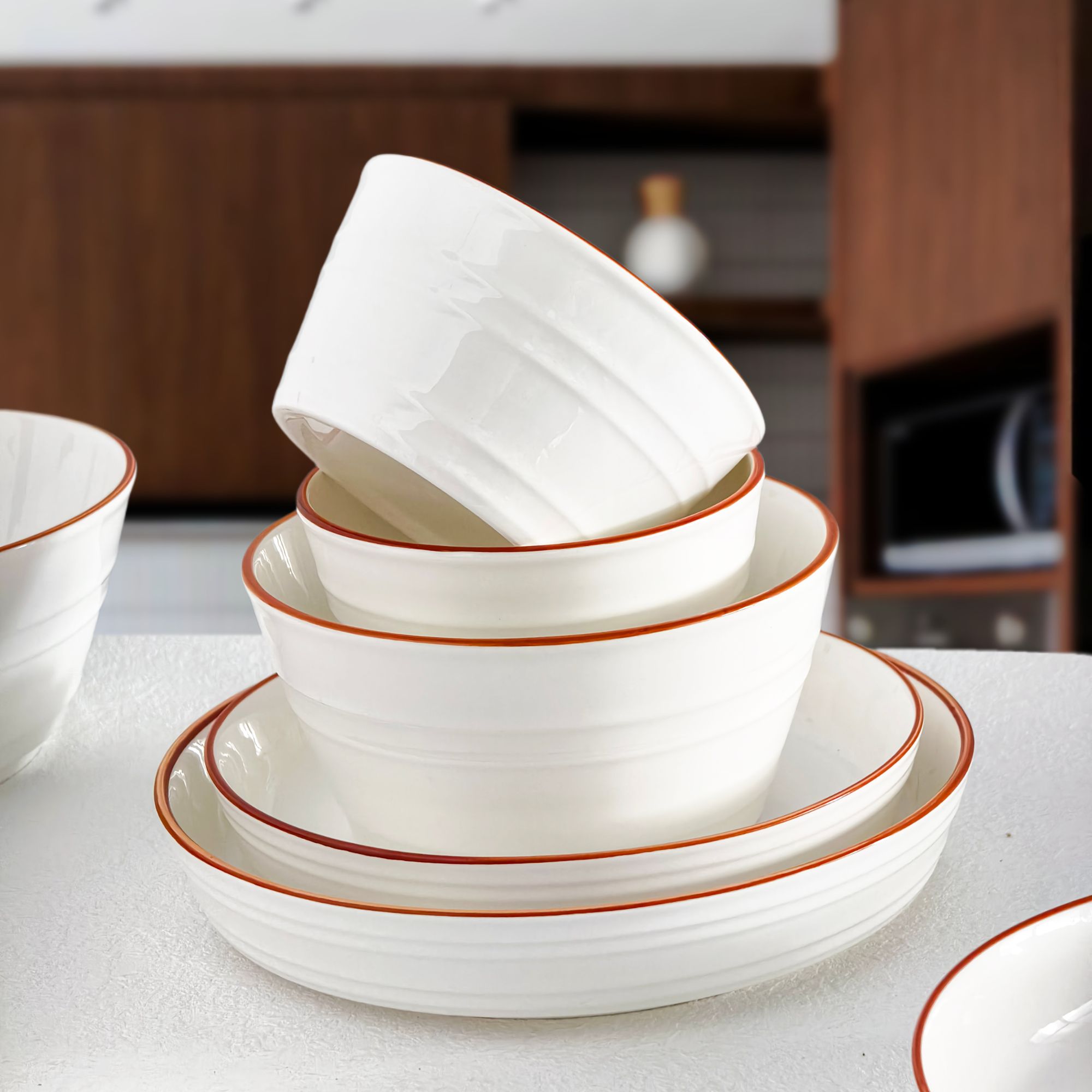 4只装6英寸釉下彩米饭碗大碗家用时尚生活美式米饭碗加厚螺纹餐具